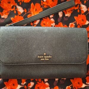 kate spade Black Glittery Leather Wristlet with Gold Logo